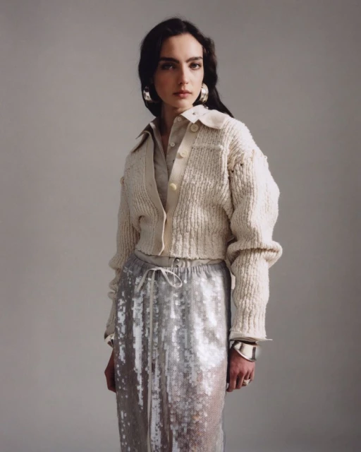 Portrait of a woman with dark hair, wearing a cream-colored knit cardigan, silver sequin skirt, large hoop earrings, and a silver bracelet.