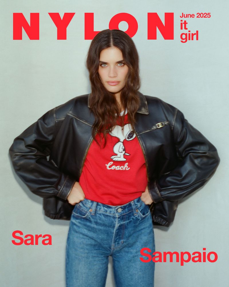 Magazine cover featuring Sara Sampaio in a black leather jacket and jeans, over a red graphic t-shirt, with 'NYLON' text at top.