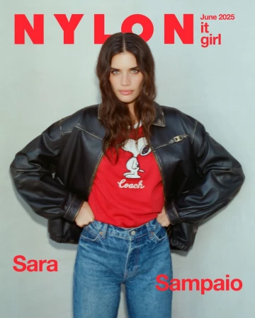 Sara Sampaio wearing a black leather jacket and red graphic t-shirt for Nylon Magazine June 2025 cover.