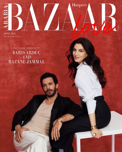 Magazine cover features a man in black and a woman in white seated together against a red background, with the Harper's Bazaar logo at the top.