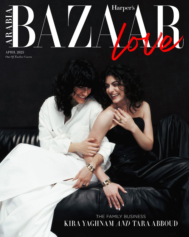 Harper's Bazaar cover featuring two smiling women, Kira Yaghnam and Tara Abboud, on a black leather couch with magazine text overlay.