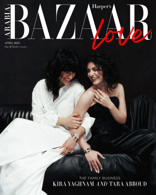Harper's Bazaar cover featuring two smiling women, Kira Yaghnam and Tara Abboud, on a black leather couch with magazine text overlay.