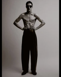 A shirtless man wearing dark sunglasses, necklace, and high-waisted wide-leg trousers stands with hands on hips against a neutral backdrop.