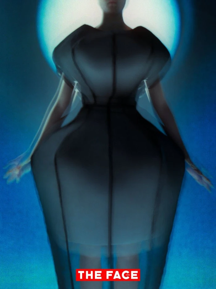 Model wearing an avant-garde sculptural black silhouette dress against a glowing blue circular backdrop for The Face China.