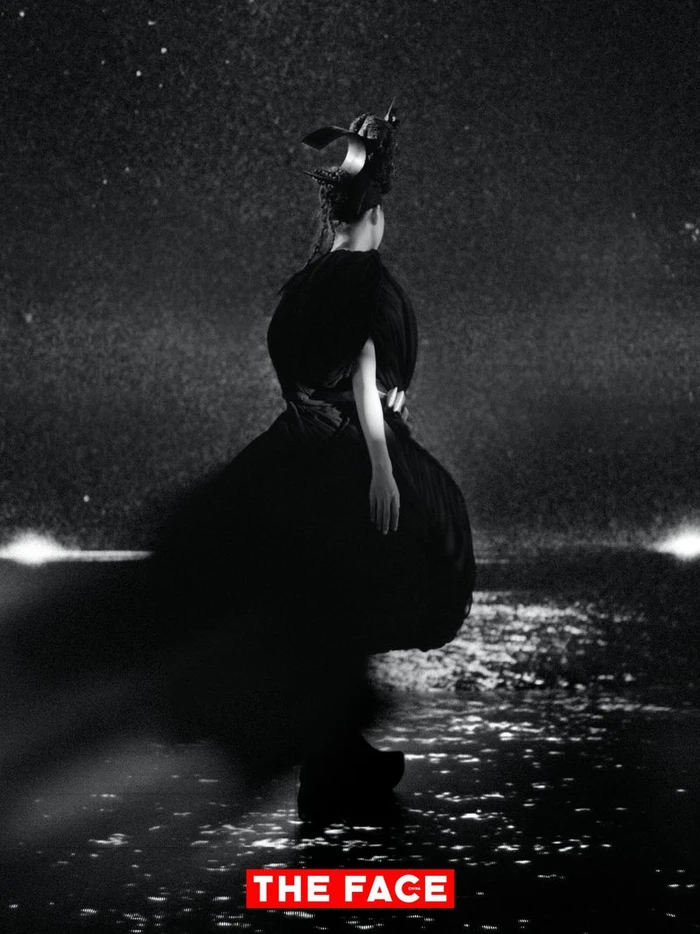 Person wearing a voluminous black avant-garde dress and sculptural headpiece standing by water under a starry night sky.