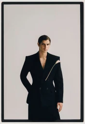 Model Hedi Ben Tekaya in a tailored black blazer with a flower tucked into the lapel against a light studio backdrop.