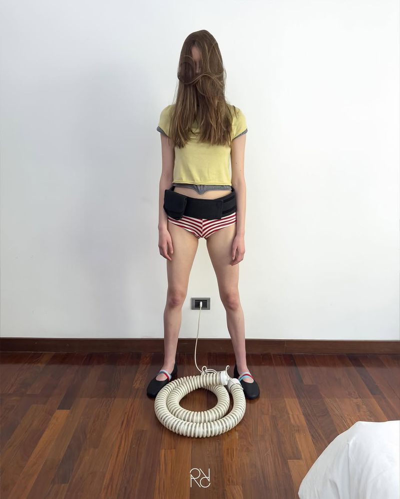 Full shot of a fair-skinned woman with long brown hair covering her face, wearing striped underwear and standing on a hardwood floor.