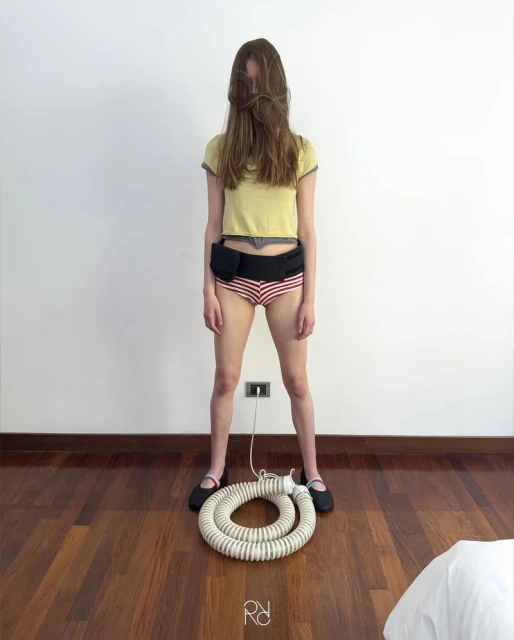 Full shot of a fair-skinned woman with long brown hair covering her face, wearing striped underwear and standing on a hardwood floor.