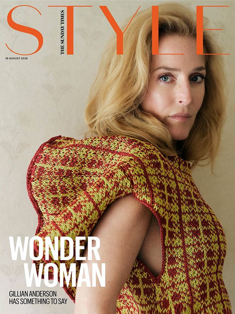 Gillian Anderson appearing on the cover of The Sunday Times Style Magazine wearing a yellow and rust-coloured patterned knit top.