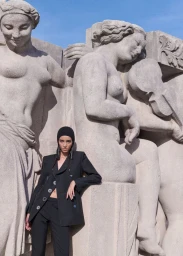 Model wearing a black tailored suit jacket and beanie leaning against monumental stone relief sculptures in bright sunlight.