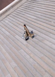 High-angle view of model Eduarda Vieira wearing a flowing camel coat and silver dress while walking across wide stone stairs.