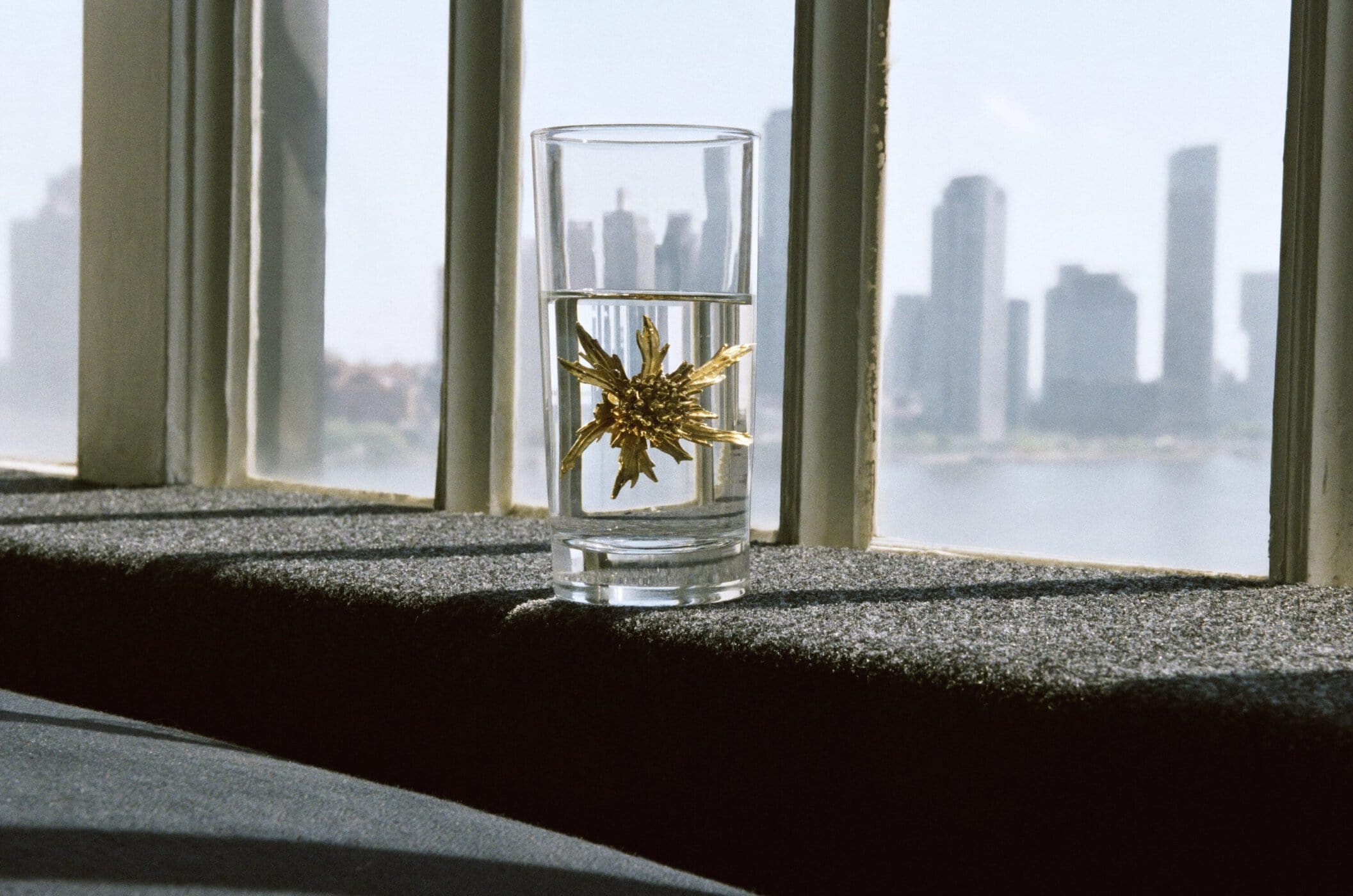 Gold spiky floral brooch submerged in a glass of water resting on a window ledge against a blurred city skyline.