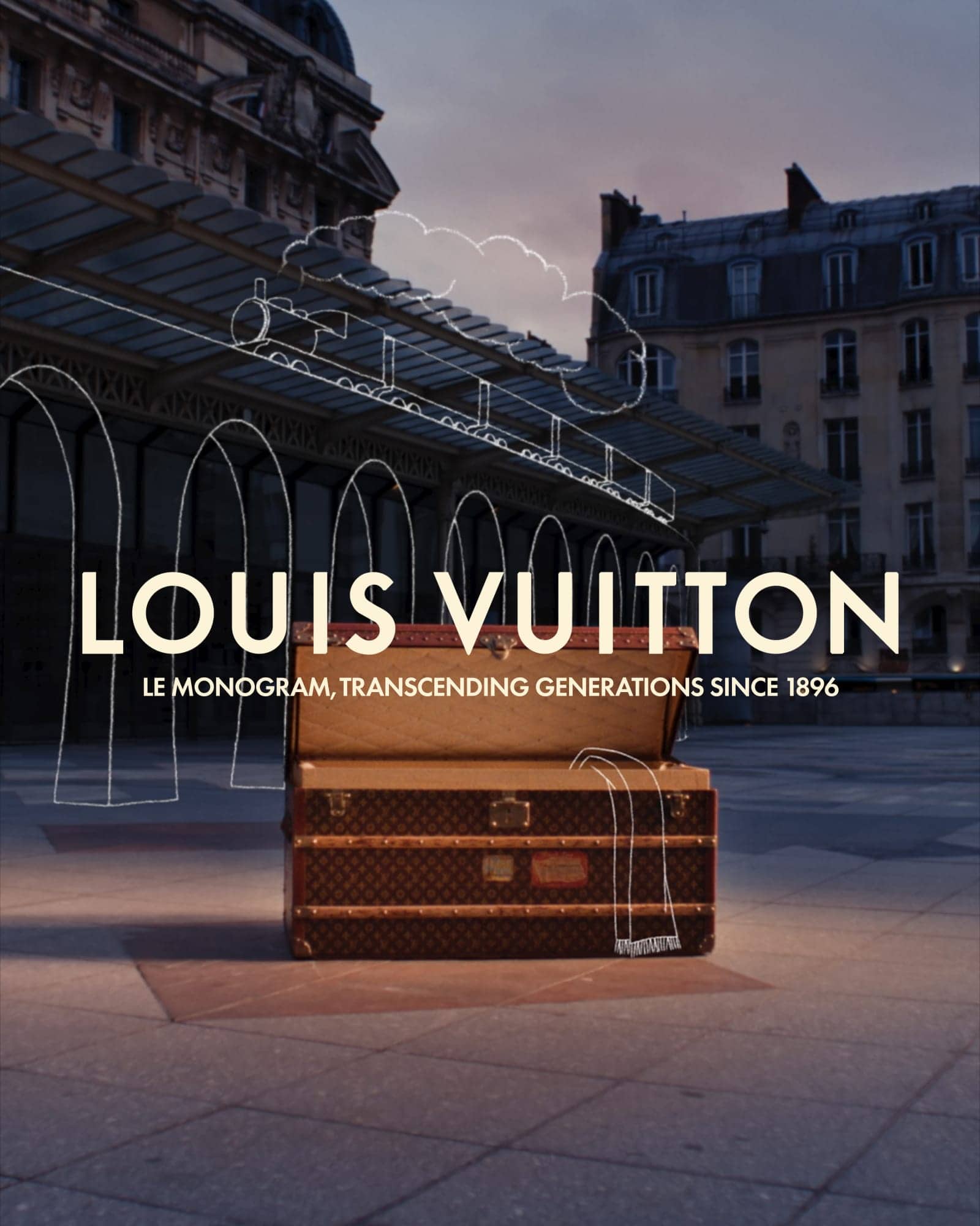 Open Louis Vuitton monogram trunk in an outdoor square with white hand-drawn line art train and archway overlays.