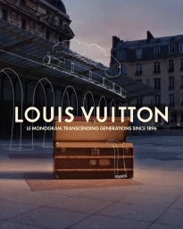 Open Louis Vuitton monogram trunk in an outdoor square with white hand-drawn line art train and archway overlays.