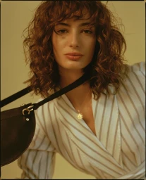 Portrait of a woman with curly hair wearing a striped shirt and holding a black leather handbag for Simétrie by Drew Wheeler.
