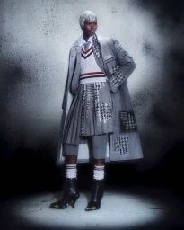 Model Nyarach Abouch Ayuel wearing a layered grey houndstooth coat, pleated skirt, and knit sweater against a textured studio backdrop.