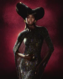 Model Nyarach Abouch Ayuel wearing a sparkling gown and dramatic sculptural hairstyle against a dark burgundy background.