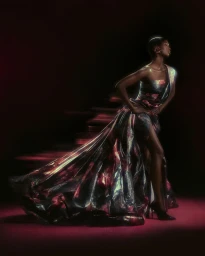 Model Nyarach Abouch Ayuel poses in an iridescent metallic high-slit evening gown against a dark background with red ambient light.