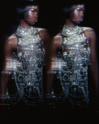 Nyarach Abouch Ayuel wears an intricate crystal-embellished halter dress against a black background with horizontal streak effects.