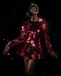Model Nyarach Abouch Ayuel posing in a sparkling burgundy sequined mini dress against a black background.