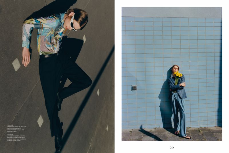 A diptych showing a person in a patterned shirt with sunglasses on the left and a person in a blue suit with yellow flowers on the right.