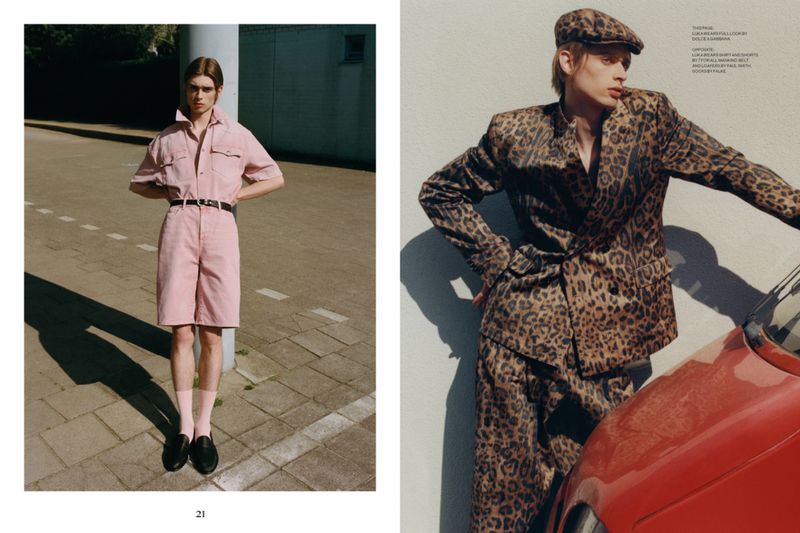 Editorial fashion spread featuring model Luka Hoogedeure wearing a pink shorts jumpsuit and a leopard print suit with a matching cap.