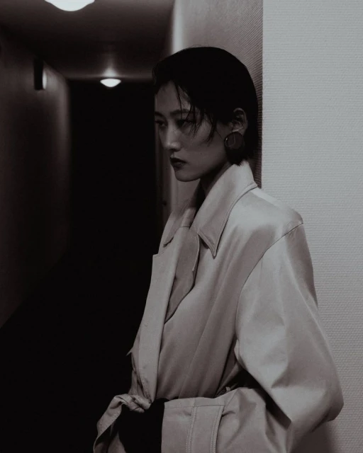 Asian woman in a trench coat stands in a dimly lit hallway, posing for a fashion portrait with a melancholic expression.