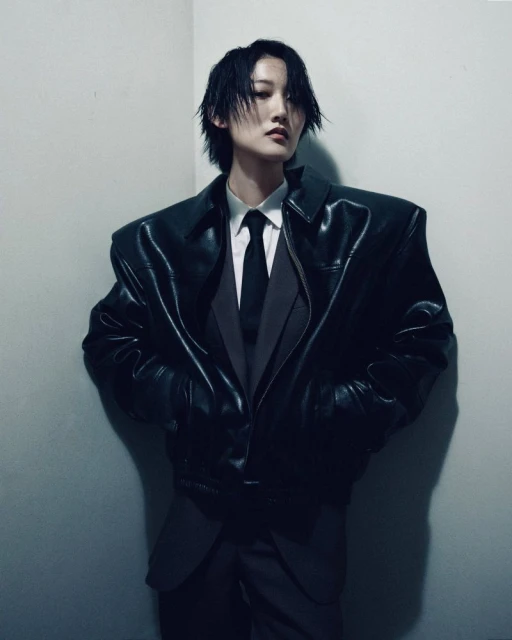 Person in a black leather jacket and grey suit posing against a corner wall, creating a high-fashion, editorial portrait.