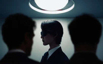 Profile portrait of a person in dark sunglasses and a suit between two silhouetted figures beneath a glowing circular ceiling light.