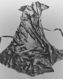 Monochrome still life of a draped satin ruffled dress with short sleeves and tiered hem laid flat against a neutral background.
