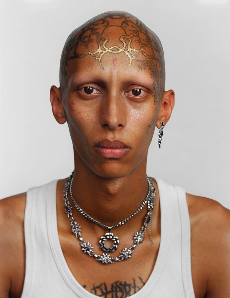 Close-up portrait of a model with ornate forehead tattoos, shaved eyebrows, layered silver chain necklaces, and a white tank top.
