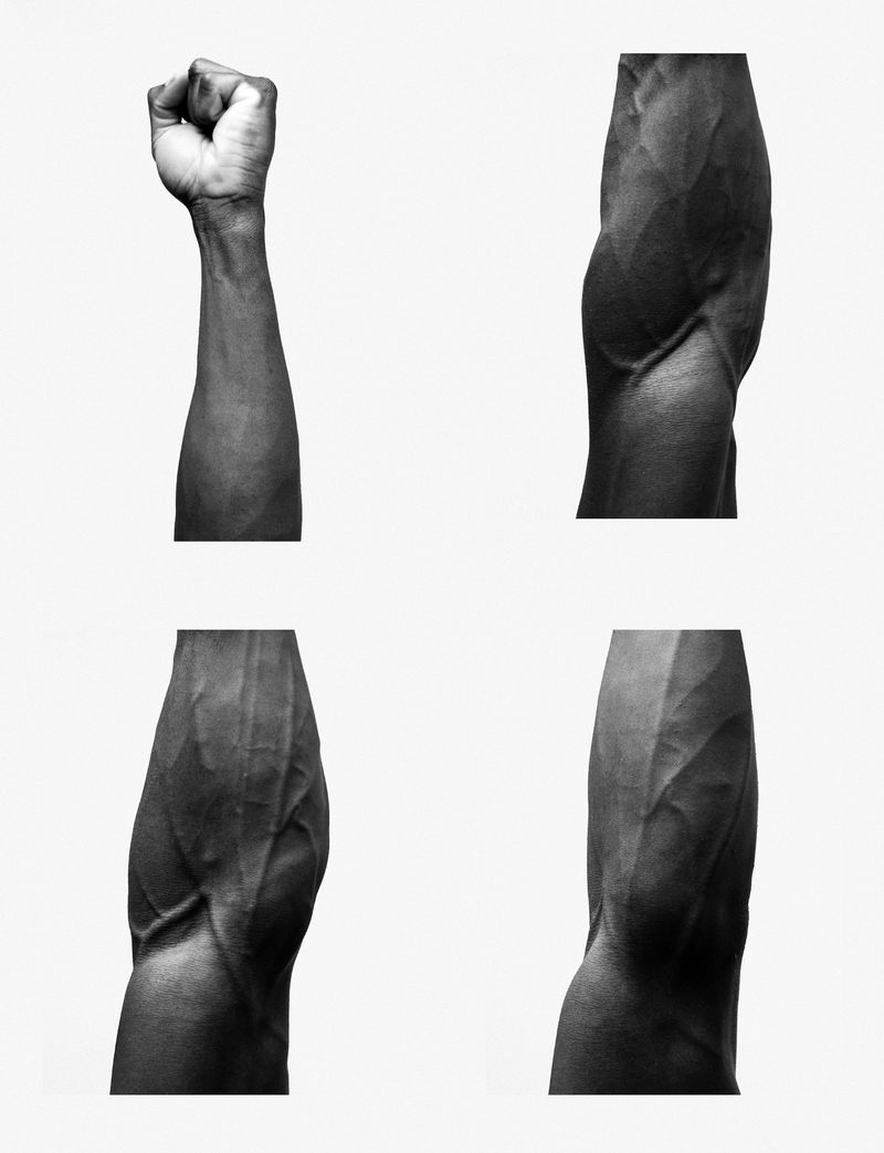 Monochrome image featuring four separate close-ups of a Black human arm and clenched fist against a stark white background.