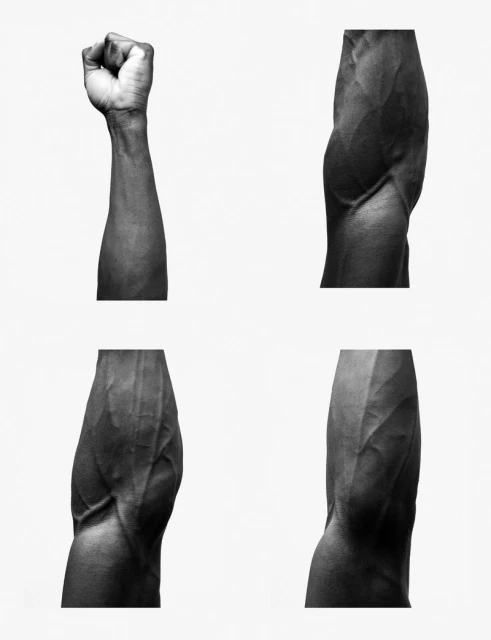 Monochrome image featuring four separate close-ups of a Black human arm and clenched fist against a stark white background.