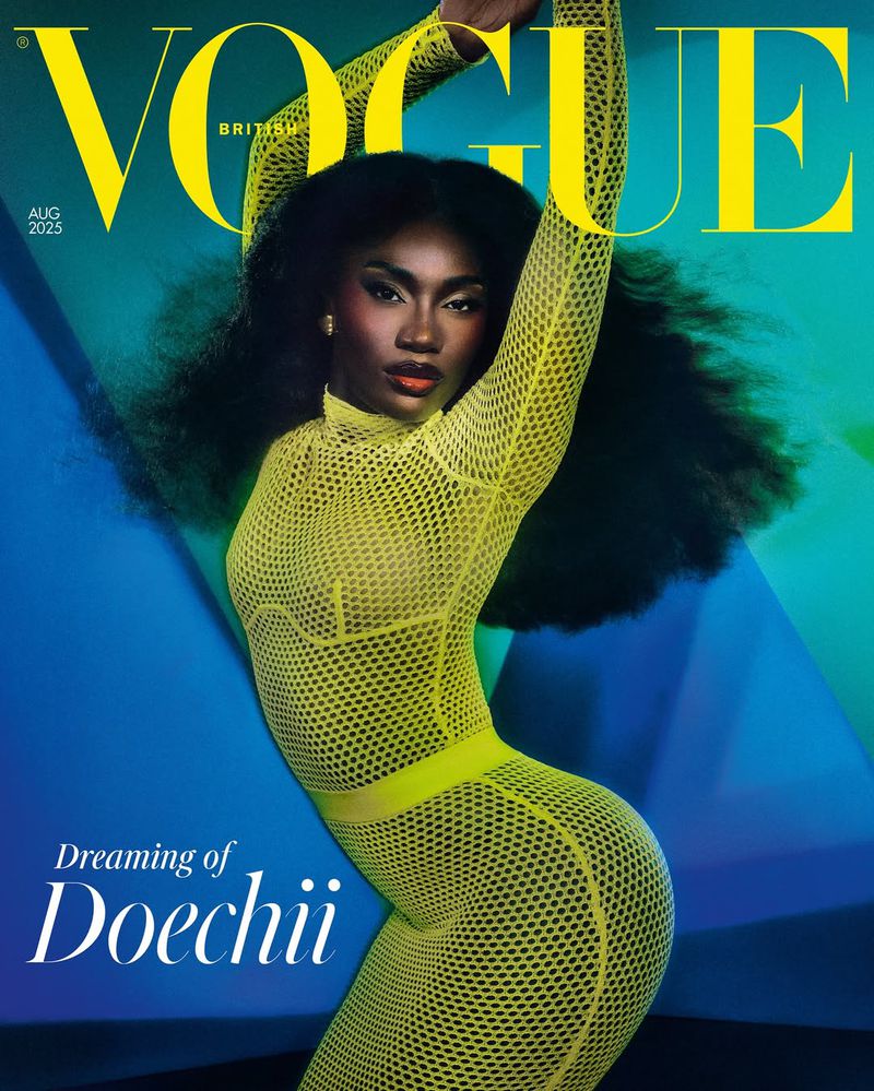 Vogue cover featuring a Black female model with dark hair posing in a yellow bodysuit against a vibrant blue and green backdrop.
