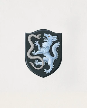 Heraldic shield crest illustration featuring a light blue rampant coyote facing a silver rattlesnake on a dark grey background.