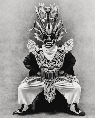 Performer in ornate costume and headdress squats with hands on hips, dramatic lighting, creating a striking black and white theatrical portrait.