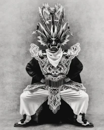 Full-length black and white portrait of a seated dancer in an elaborate dragon mask and embroidered folk costume against a textured backdrop.