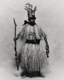 Monochrome portrait of a person standing in a traditional straw ceremonial costume with a feathered headdress and carved staff.
