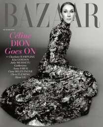 Céline Dion wearing a textured metallic high-neck sculptural gown on the cover of Harper's Bazaar against a grey studio backdrop.