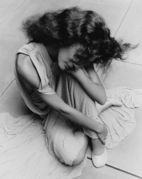 High-angle monochrome portrait of singer Olivia Dean curled up on a tiled floor wearing a draped dress and ballet flats.