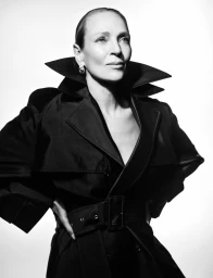 Black and white portrait of Uma Thurman posing in a belted black trench coat with an exaggerated collar against a white background.