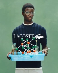 Model wearing glasses and a navy sweater holding a tray of chemistry lab glassware and a molecular model in front of a green backdrop.