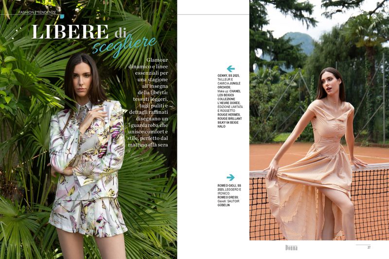 Fashion editorial featuring a woman on a tennis court in a beige dress and a woman in a patterned suit surrounded by greenery.