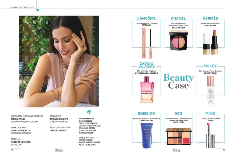 Fashion editorial featuring a brunette woman with jewelry alongside beauty products including lipstick, mascara, and perfume.