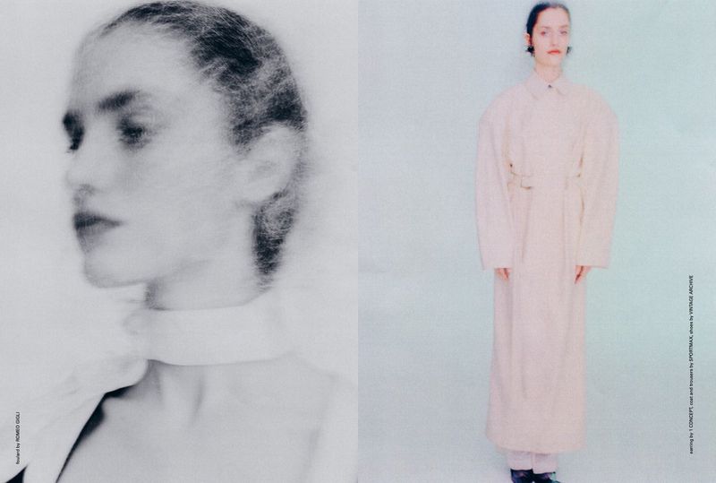 Portrait of a woman with a blurred face and a full body shot of a woman wearing a long coat against a light blue backdrop.