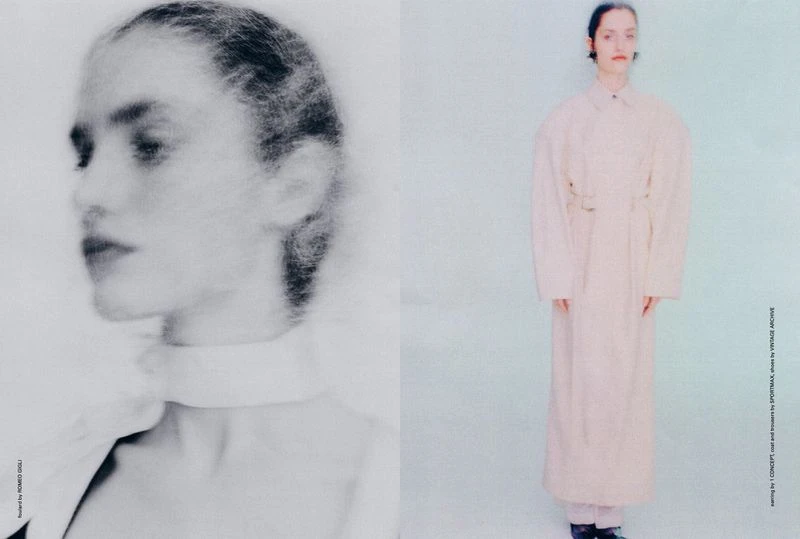 Portrait of a woman with a blurred face and a full body shot of a woman wearing a long coat against a light blue backdrop.