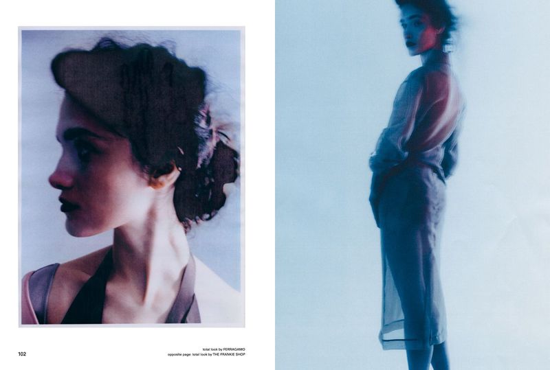 Fashion editorial shot on a magazine page with two stylish women, one in profile and the other in a full-length pose.