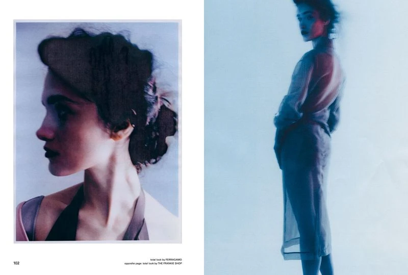 Fashion editorial shot on a magazine page with two stylish women, one in profile and the other in a full-length pose.