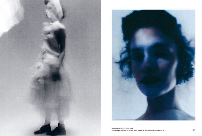 Editorial fashion shot: Woman in blurred motion wearing a pale dress next to a portrait of a woman's face in blue-toned lighting.
