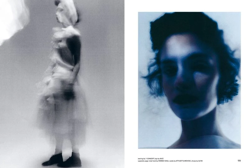 Editorial fashion shot: Woman in blurred motion wearing a pale dress next to a portrait of a woman's face in blue-toned lighting.